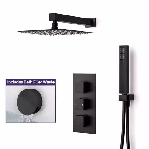 Nes Home 3 Dial Square Thermostatic Shower Mixer Valve Set with Handheld Shower and Waste in Matt Black – 3