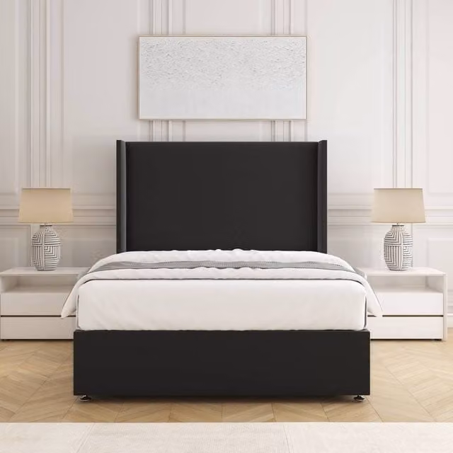 BSSPOKE Austin Divan Bed Set with 54 inch Plush Velvet Headboard and Mattress in Black, W/D/H: 180 x 200 cm