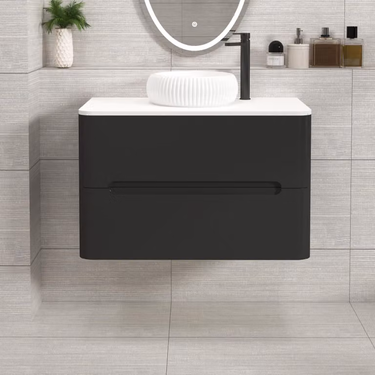 Royal Bathrooms Venice 800mm Matt Nocturne Black Wall Hung 2 Drawer Vanity Unit with Plain White Worktop and Milan Basin