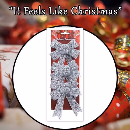 VFM e-Store Silver Tinsel Bows Christmas Decorations, Pack of 3, W/D/H: 10 x 13 x 3 cm – 8