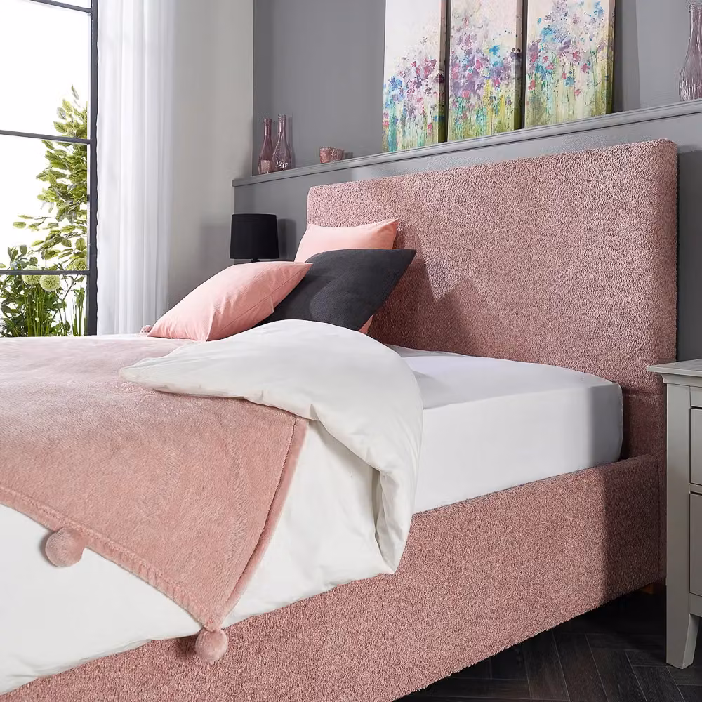 Aspire Bouclé Upholstered Garland Ottoman Bed Frame in Pink, Super King, W: 200 cm x D: 200 cm – 3