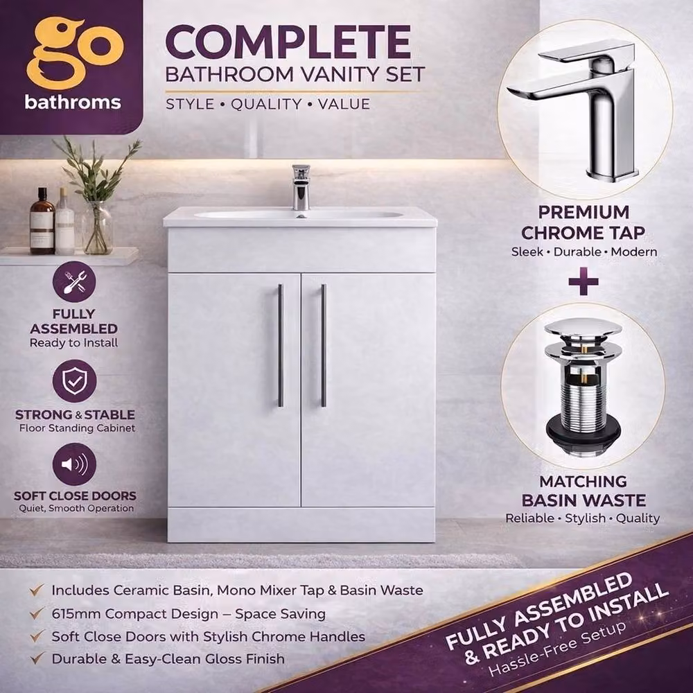PAWNORA Modern Freestanding White Glossy Bathroom Vanity Unit Width: 61.5 cm – 3