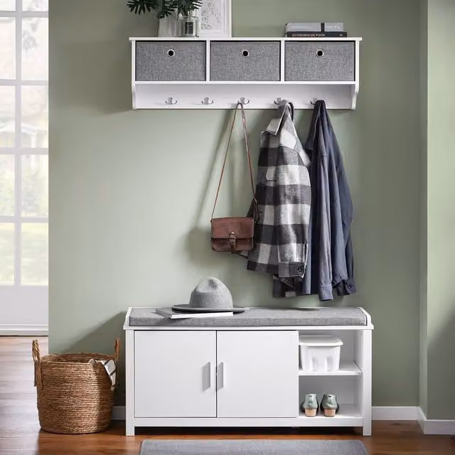 SoBuy Modern Shoe Cabinet Bench with Grey Fabric Cushioned Seat in White – 1
