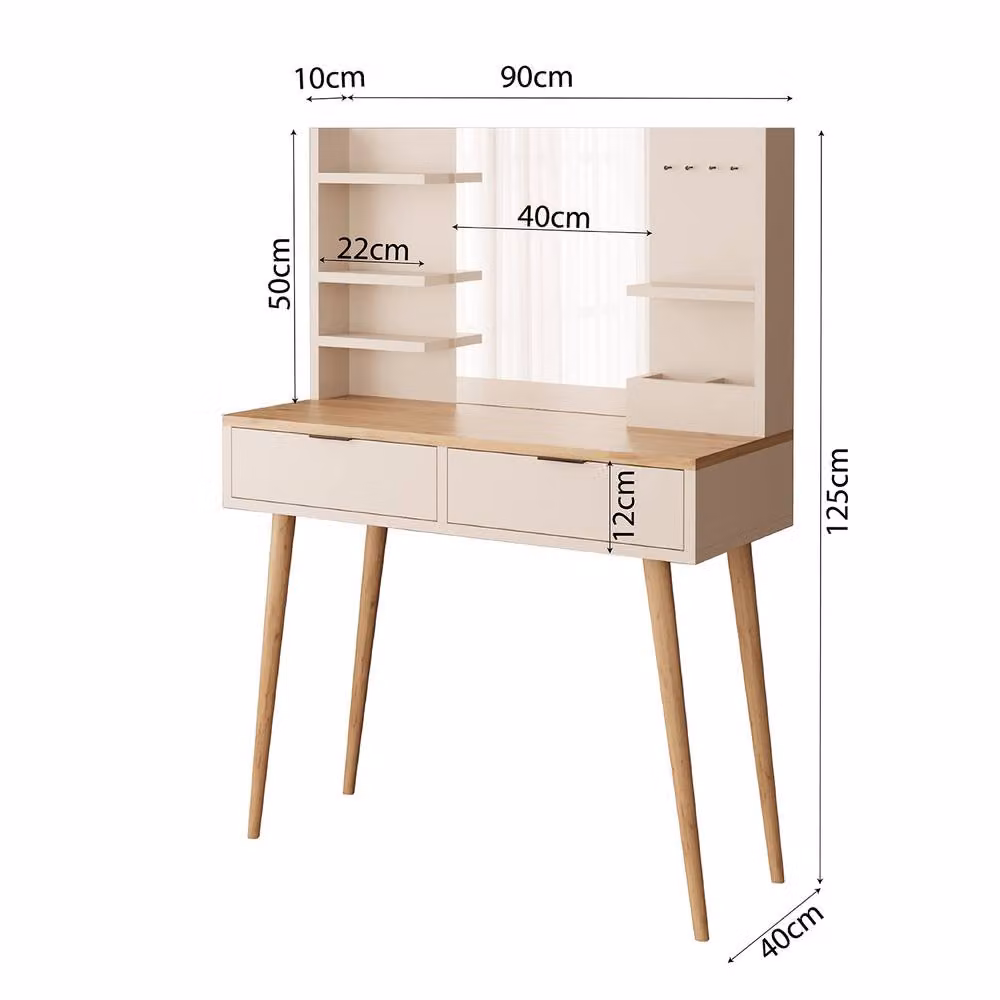 BIMOSSA Bella Women's Vanity Dressing Table with Mirror, Shelves and 2 Drawers in Light Oak – 2