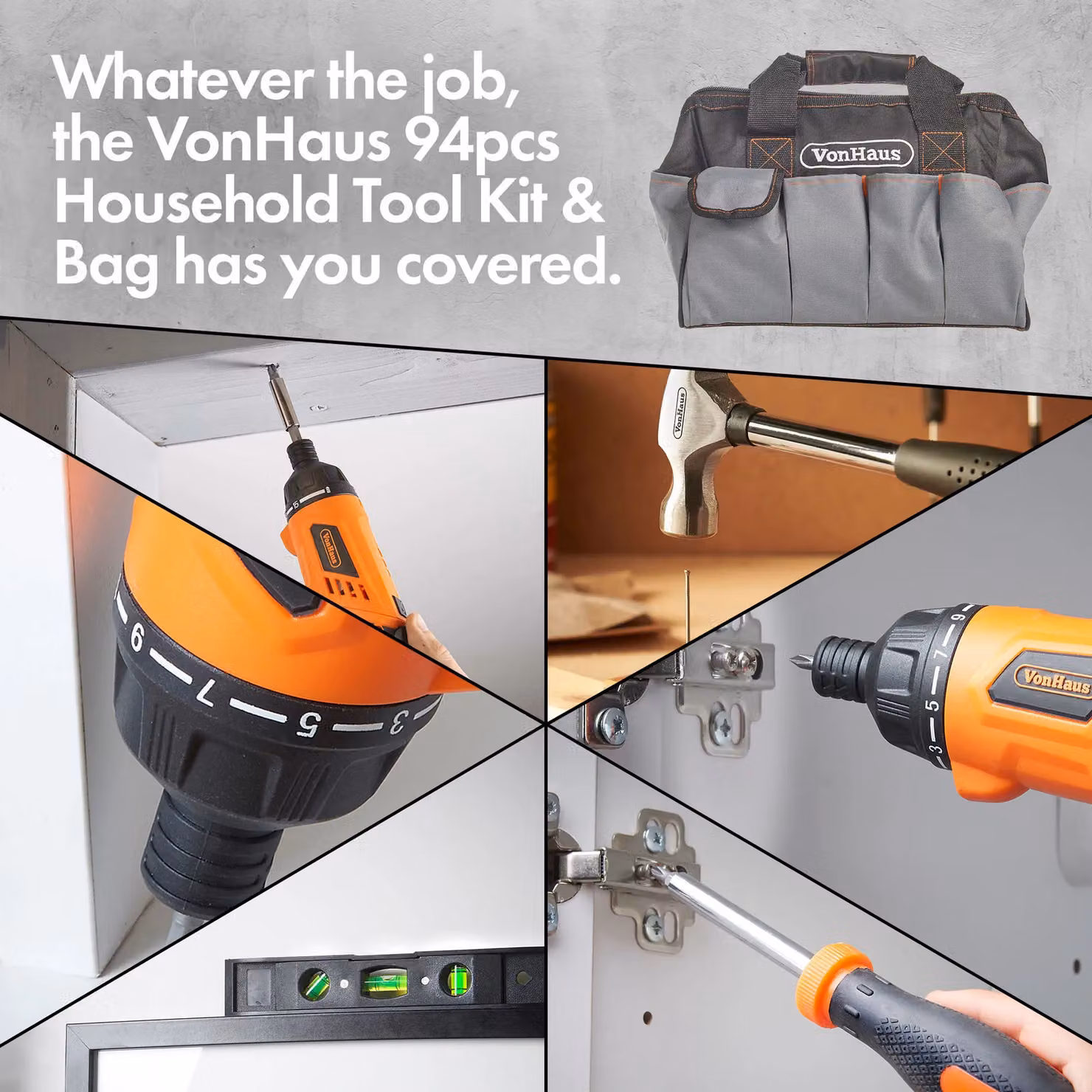 VonHaus 94pc Cordless Hand Drill and Household Tool Kit in Black with 3.6V Rechargeable Lithium-ion Screwdriver and Steel Tools – 2