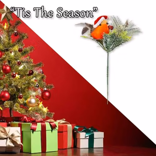 VFM e-Store Christmas Pine Pick with Robin Decoration in Red and Multicolour, H 19 cm x W 17 cm – 5