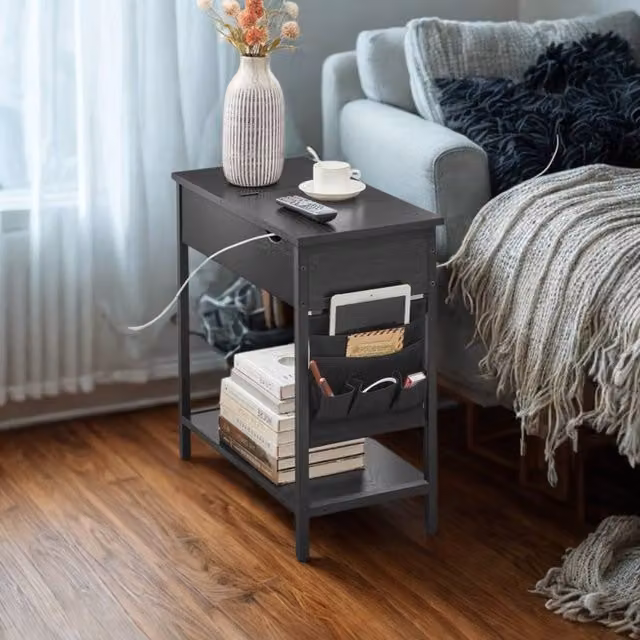 Pirlo Plush Slim Smart Bedside End Table with Power and USB Outlets, Black, W/D/H: 60 x 31.5 x 60 cm – 1