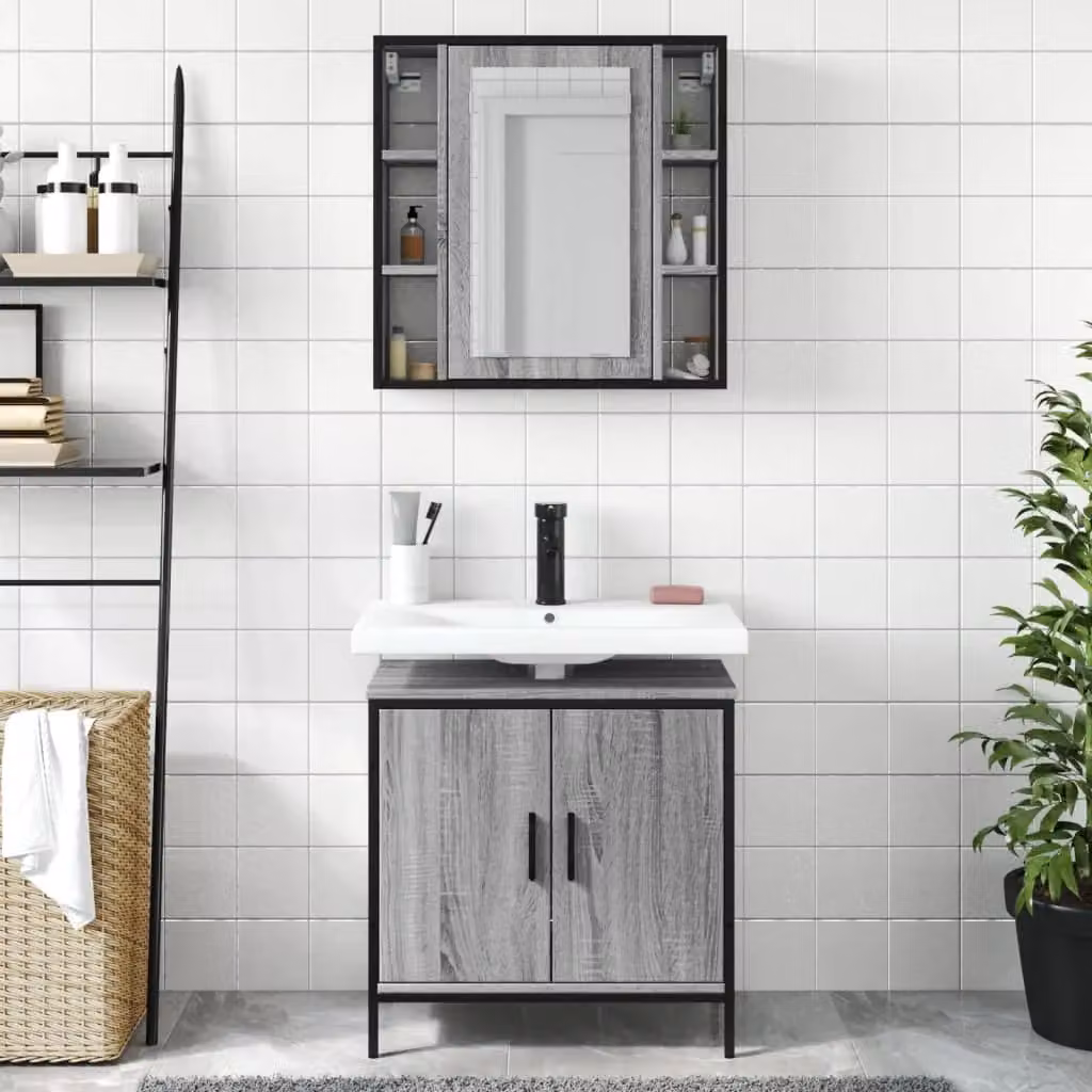 Berkfield Home 2 Piece Grey Modern Bathroom Furniture Set with Mirror Cabinet and Vanity Unit – 3