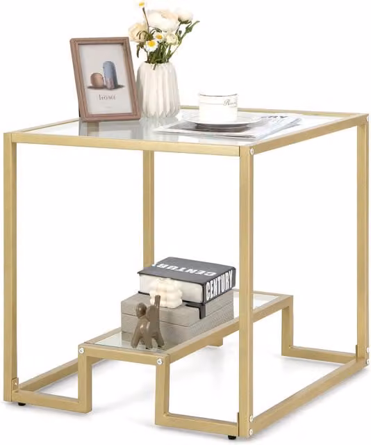 COSTWAY Modern 2-Tier Square Glass and Metal End Table in Gold