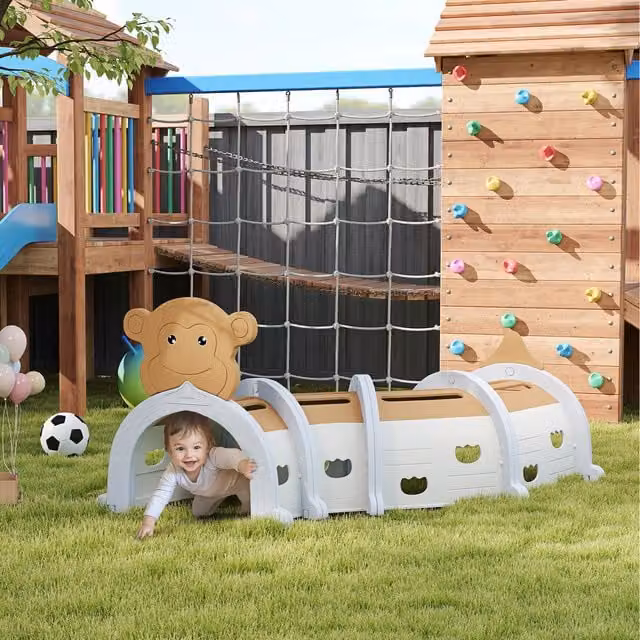 AIYAPLAY Kids Play Tunnel for Crawling and Climbing, Monkey Design, Brown