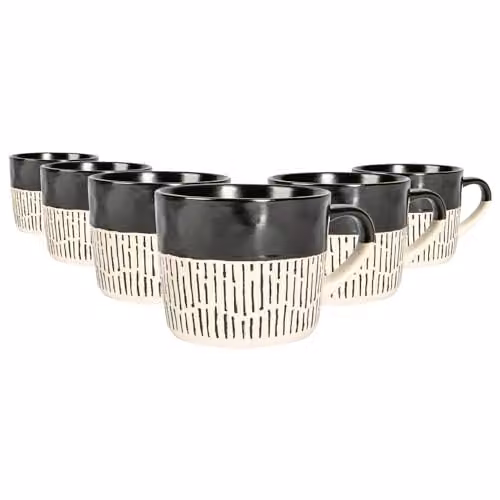 Nicola Spring Set of 6 Black Dipped Dash Ceramic Stoneware Coffee Mugs, 475ml – 1