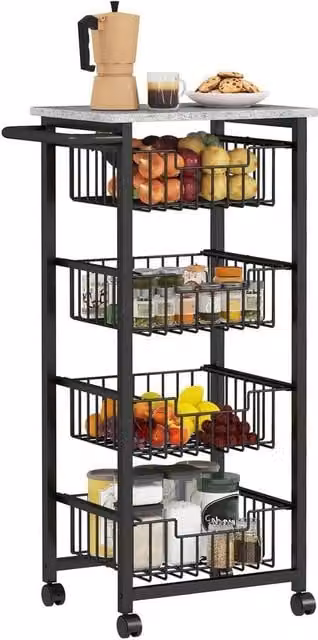 FORGEVIO 4-Tier Kitchen Island on Wheels with 4 Pull-Out Baskets, Black and Grey
