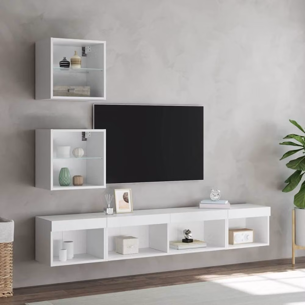 Berkfield Home 5 Piece Modern White Wall Mounted TV Unit with Integrated LED Lighting and Media Compartments – 3