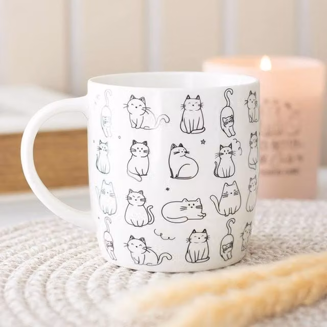 Uniqueful White Happy Cat Print Ceramic Mug, 550ml