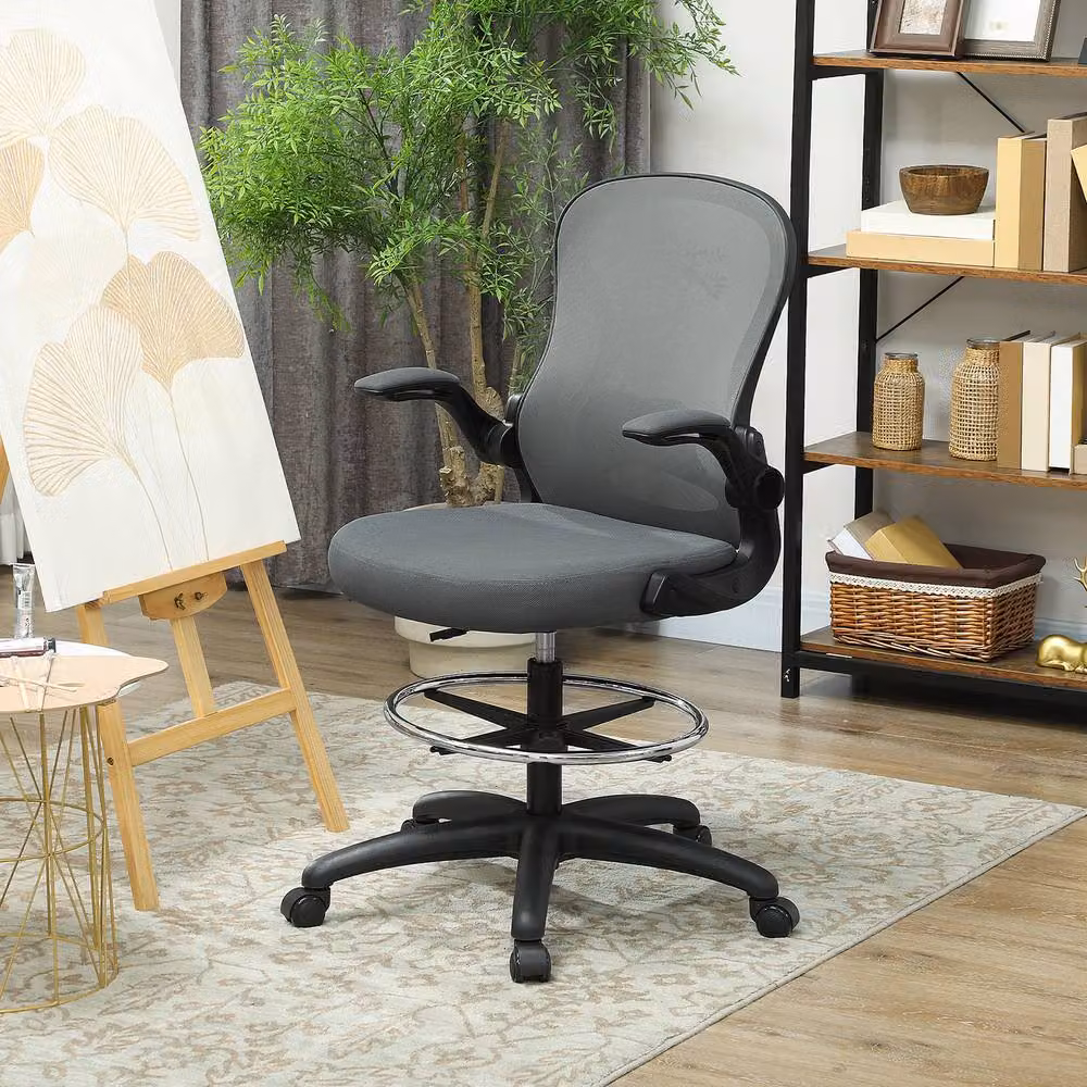 STILVORA Grey Fabric Draughtsman Chair with Flip-up Armrests and Foot Ring – 2