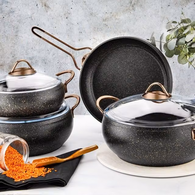 Evimsaray Alya Series 7-Piece Non-Stick Granite Cookware Set with Glass Lids, Black