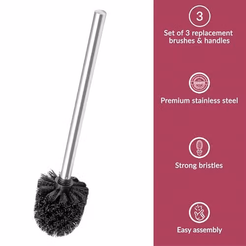 Novel Solutions Innoteck Essentials 3-Pack Toilet Brush Set with Black Heads and Stainless Steel Handles – 2