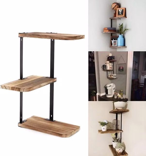 Kelvenix Modern Floating Corner Wall Shelf in Brown Wood and Metal – 1