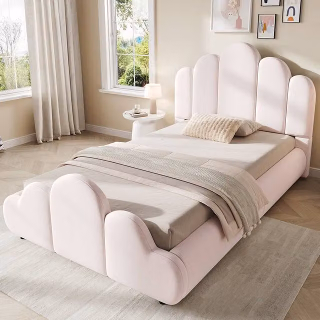 ModernLuxe Pink Velvet Upholstered Single Bed Frame with Petal Padded Headboard, W/D/H: 90 x 190 x 106 cm – 1
