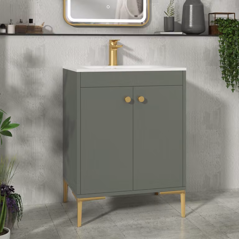 Royal Bathrooms Verona 600mm Matt Green Floor Standing 2 Door Vanity Unit with Carrara White Basin and Brushed Brass Knob