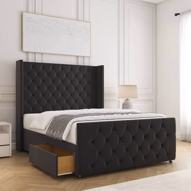 BSSPOKE Florida Double Plush Velvet Divan Bed with 2 Drawers and 54 inch Headboard in Black, W/D/H: 140 x 200 cm