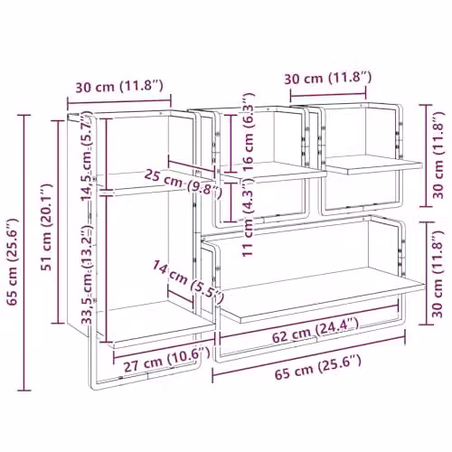 vidaXL Set of 4 Wall-Mounted Shelves in Black, W: 65 cm, D: 25 cm, H: 30 cm – 3