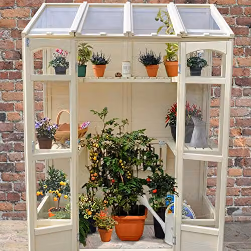 Forest Garden Victorian Tall Wall Lean-to Greenhouse in Brown or White with Acrylic Windows and Double-Wing Doors, W/D/H: 147 x 74 x 198 cm – 2