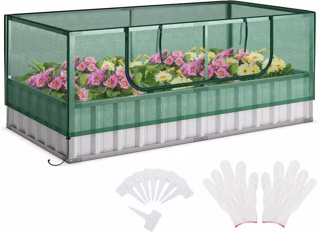Costway Galvanised Steel Raised Garden Bed with Cover in Green