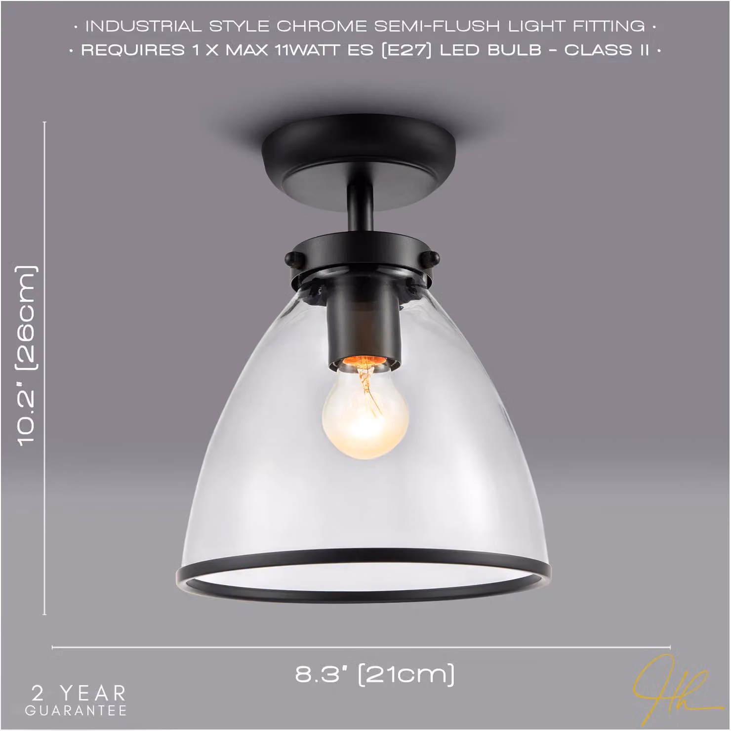 Happy Homewares Industrial Style Ceiling Lamp with Black Metal Base and Transparent Glass Shade – 3