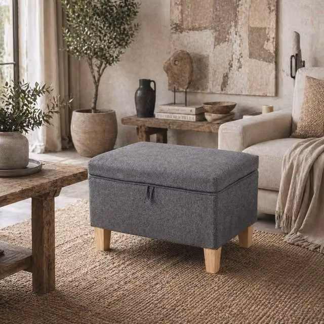 Wyld Haus Doma Compact Storage Ottoman in Charcoal Grey Linen Effect with Natural Wood Legs