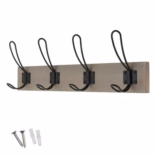 keypak Rustic Wall Mounted Coat Rack with 4 Double Wire Hooks on Light Grey Ash Wood Base – 1