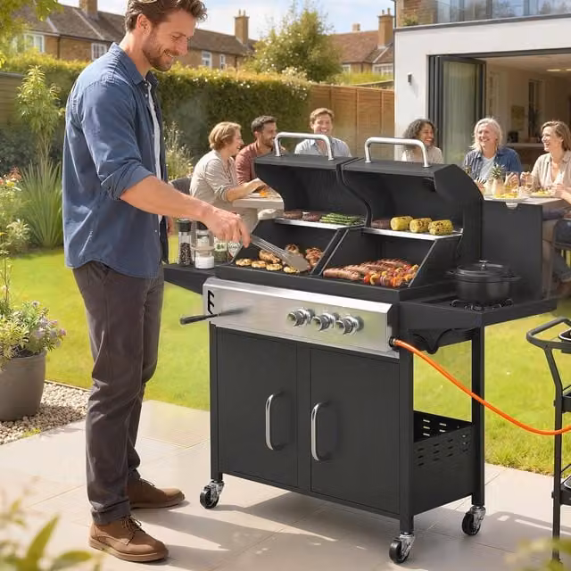 Outsunny 3 Burner Hybrid Dual Fuel Gas BBQ Grill with Side Burner, Black