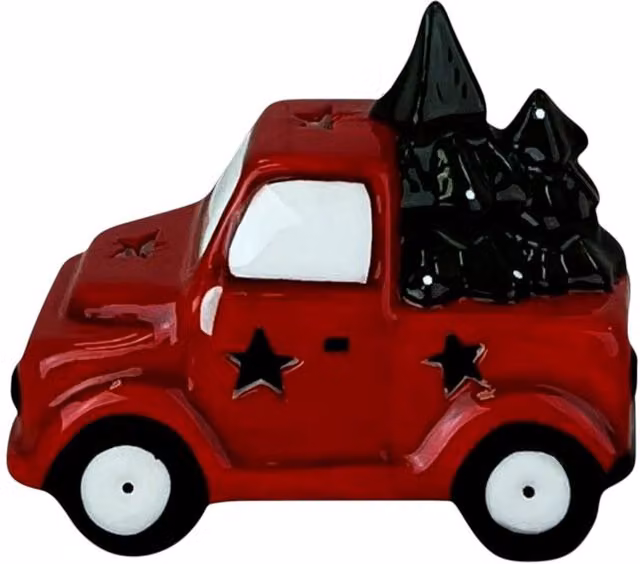 Four Candle Red Ceramic LED Christmas Car Carrying Trees Tabletop Decoration, Height: 11 cm