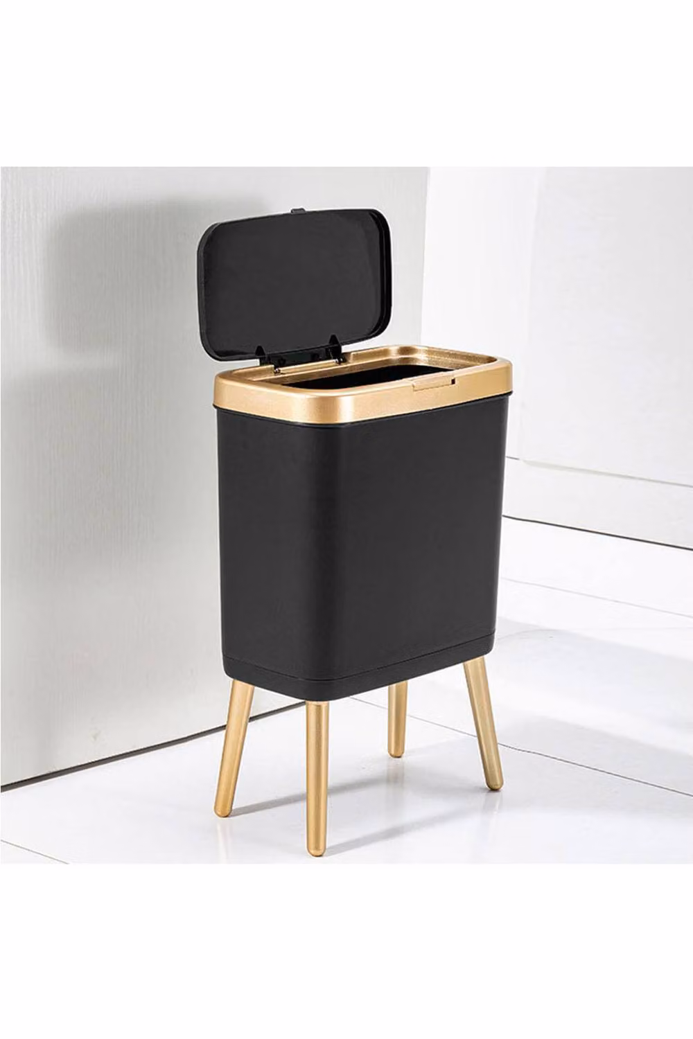 ExtraStar Black and Gold Plastic Bathroom Rubbish Bin with Flip Lid – 3