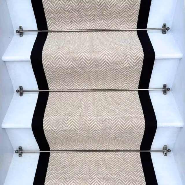 RainbowHome Herringbone Chalk Beige Wool Stair Runner with Black Cotton Border, W: 70 cm, L: 700 cm – 1