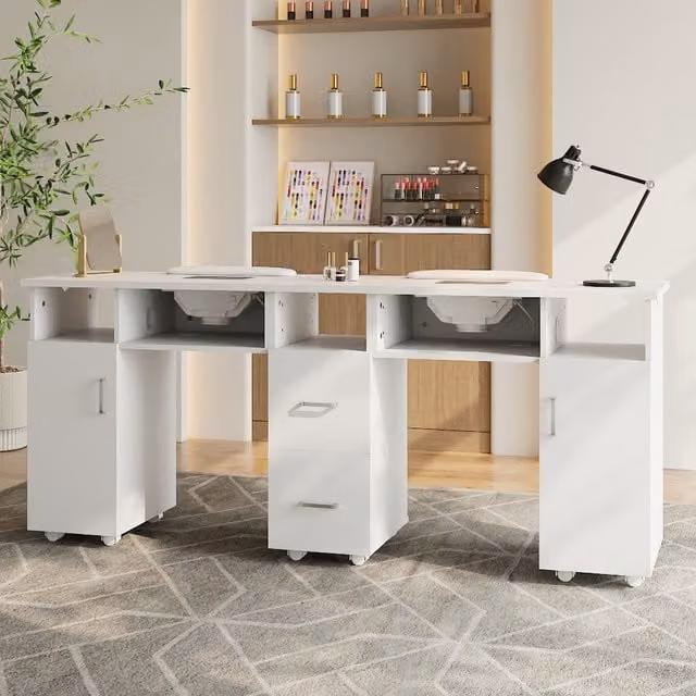 Komore Modern White Double Manicure Table with Dust Collectors and Drawers