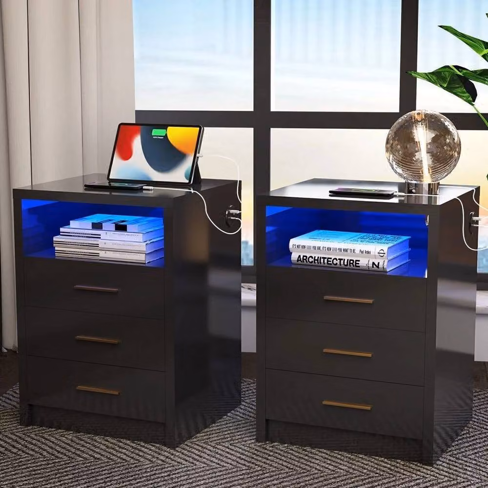 FORGEVIO Modern Black 3-Drawer Bedside Table with Integrated Lighting – 3