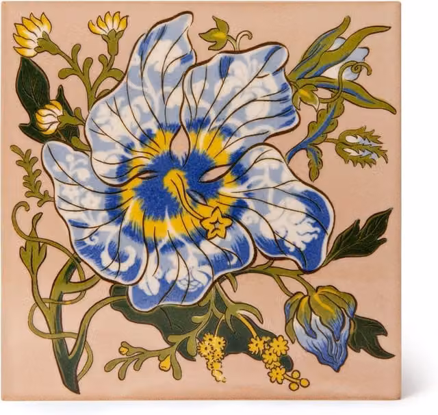 House of Hackney Artemis Hibiscus Floral Glazed Printed Tile Sample in Pink and Blue, W: 15.24 cm, H: 15.24 cm