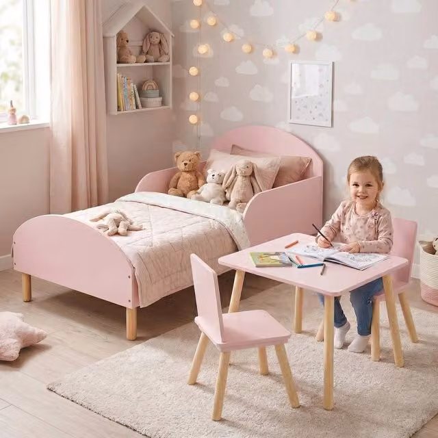 Liberty House Toys Pink Wooden Toddler Bed, Table and Two Chairs Set