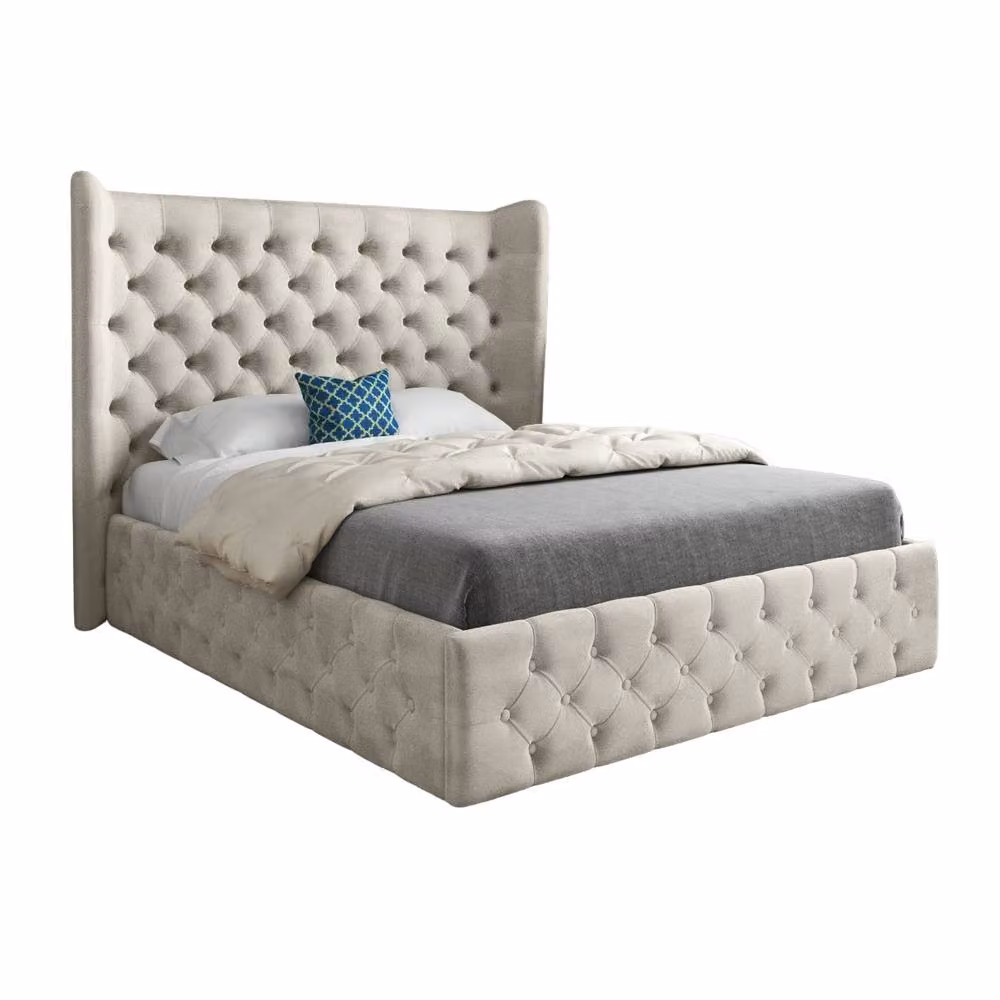 KDMD Lawford Wide Winged Upholstered Designer Bed Frame in Beige Velvet, W/D/H: 140 x 174 x 137 cm – 2