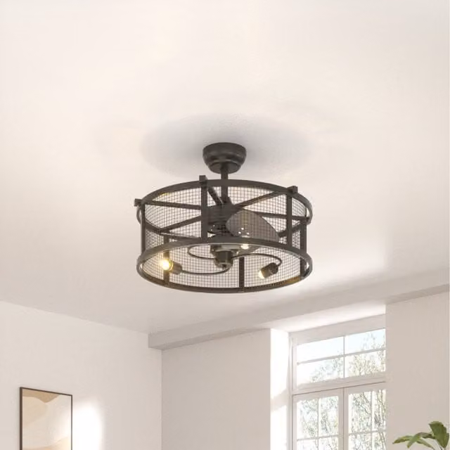 Komore Industrial Black Metal Round Ceiling Fan Light with Warm White Glow