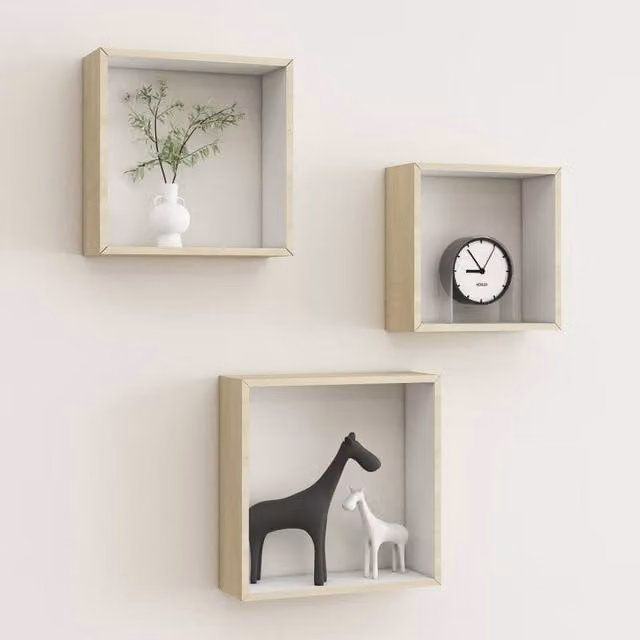 Berkfield Home Wall Mounted Cube Shelves, 3 Piece Set in White and Sonoma Oak Natural