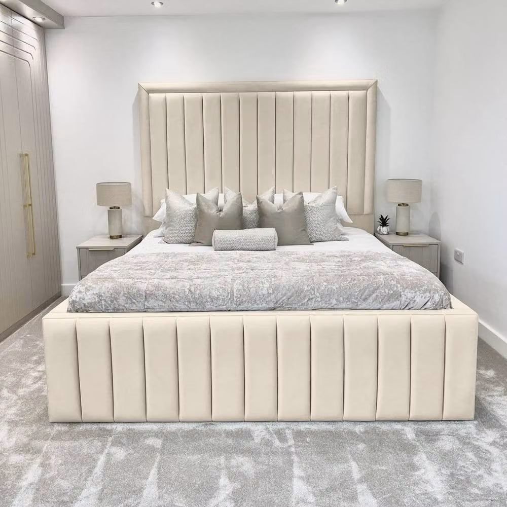 Living Comfort Bedz Hampton Upholstered Slatted Base Bed with 54-Inch Panel Headboard in Beige, W/D/H: 140 x 200 cm