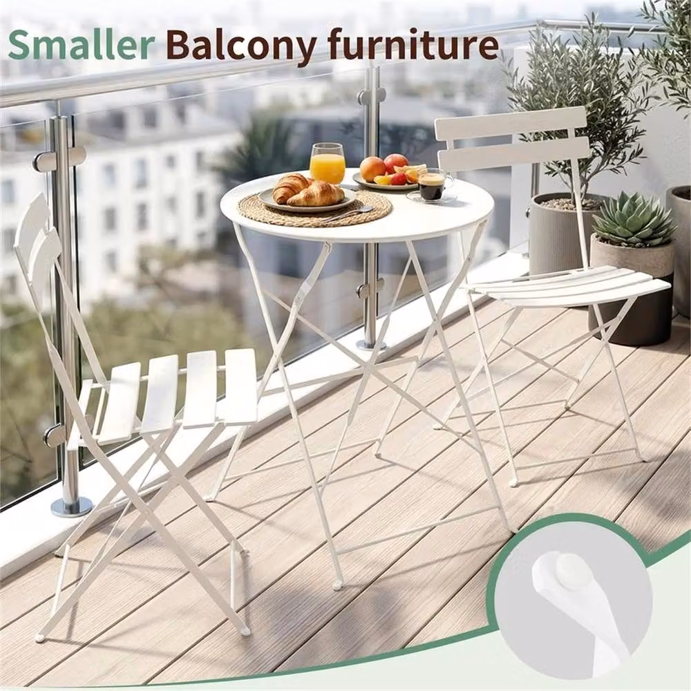 PAWNORA 3-Piece White Metal Folding Bistro Set for Garden, Balcony or Terrace – 3