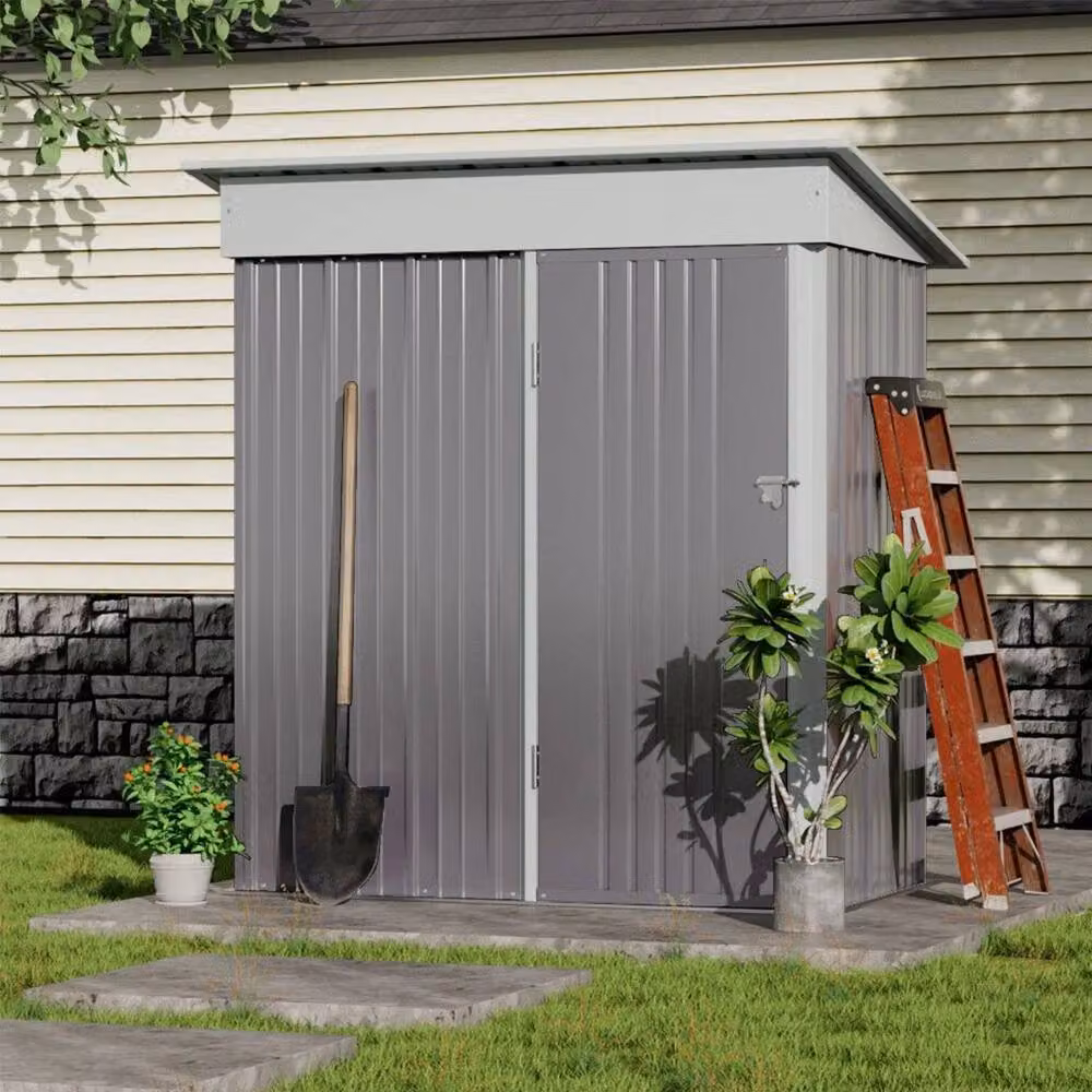 FORGEVIO Grey Galvanised Steel Pent Garden Storage Shed with Double Doors and Rain Gutter, H 180.6 cm x W 94.0 cm x D 91.44 cm – 3