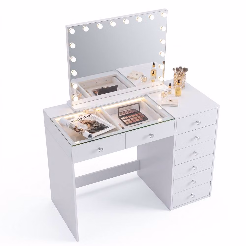 FENCHILIN 8-Drawer White Dressing Table with 18 LED Hollywood Mirror – 2