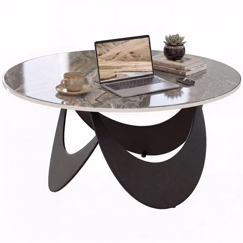 HOMCOM Modern Round Coffee Table with Sintered Stone Top in Brown and Black, W/D/H: 80 x 80 x 40 cm – 2