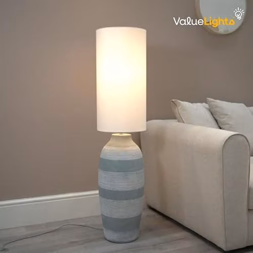 ValueLights Grey Cement Effect Ceramic Midi Floor Lamp with Natural Cream Fabric Cylinder Lampshade and Included LED Bulb – 2
