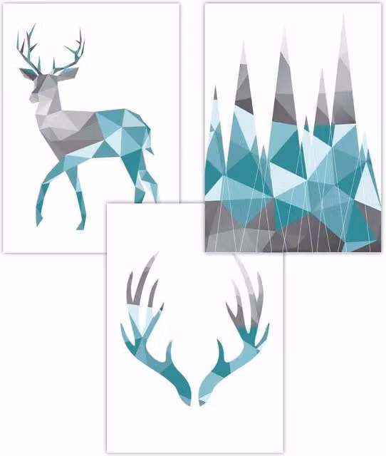 ARTZE Set of 3 Geometric Stags Abstract Wall Posters in Blue and Grey, W: 59 cm, H: 84 cm