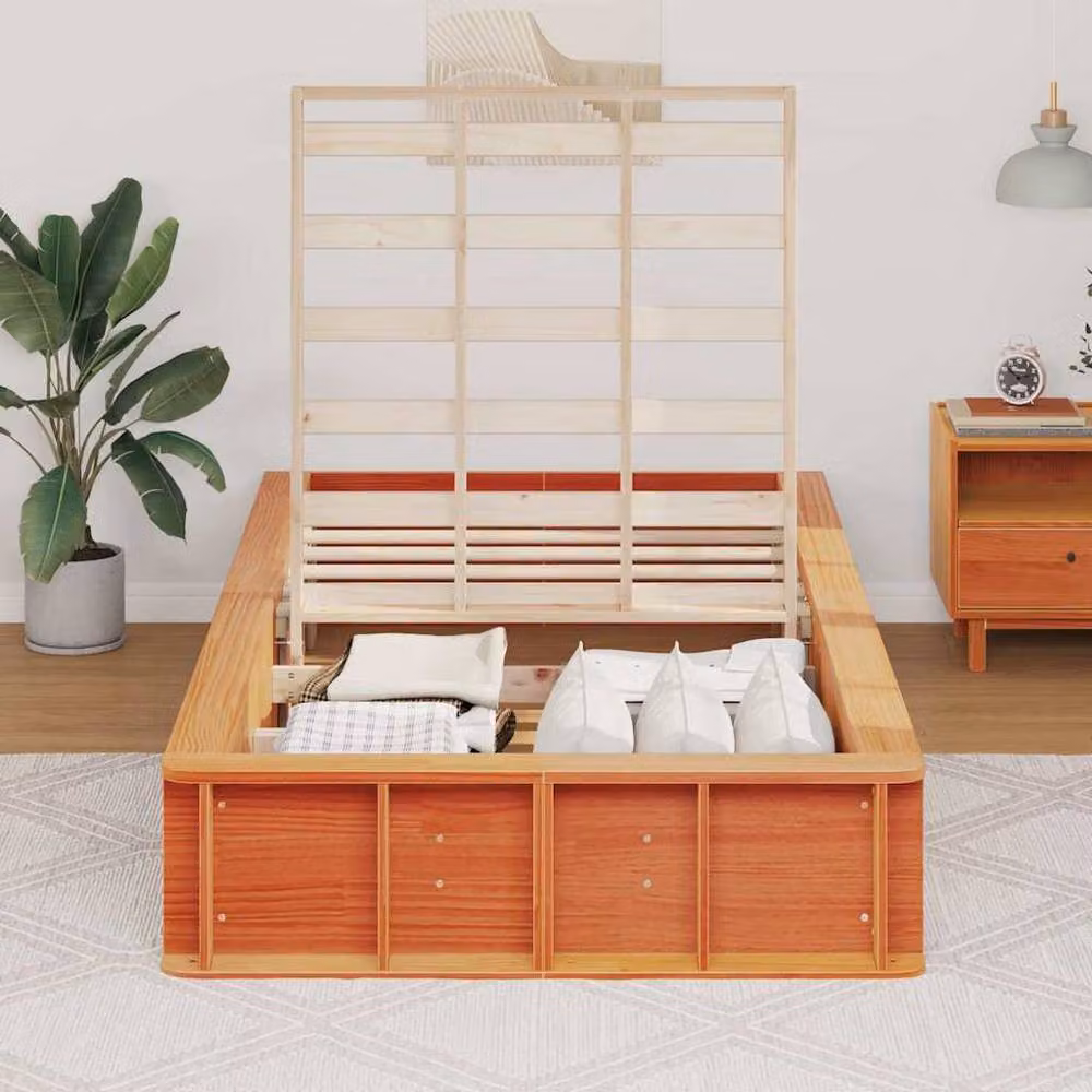 Berkfield Home Beautiful Bed Frame with Lift Up Storage in Waxed Brown Solid Pine Wood, W/D/H: 90 x 200 cm – 3